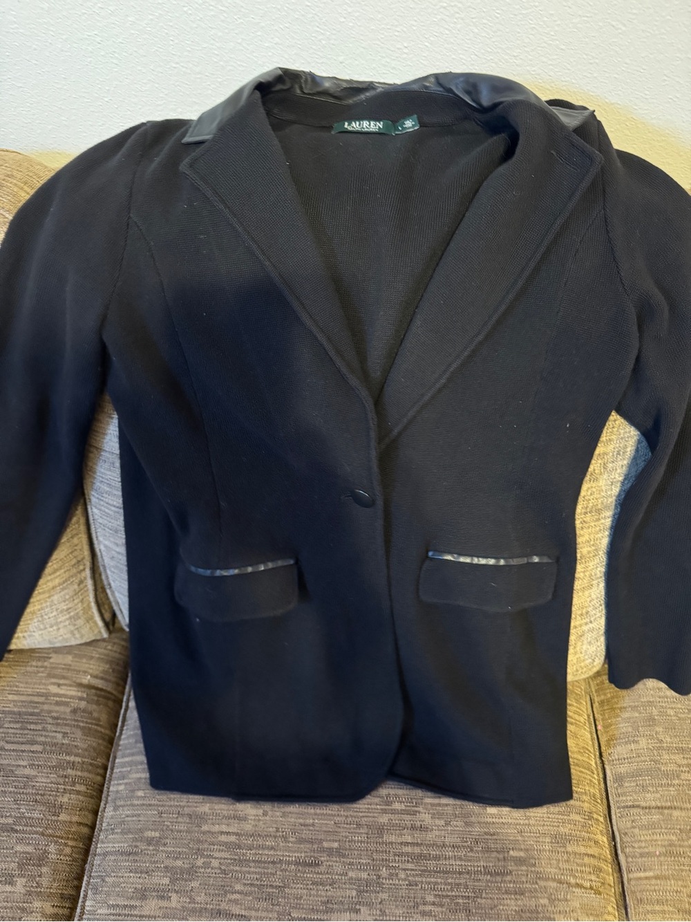 Ralph Lauren Black Knit Blazer with Leather Trim
